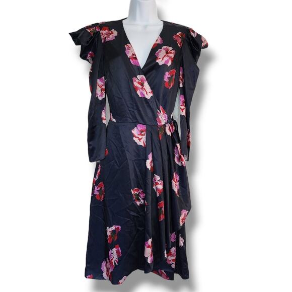 Joie Miltona Navy Floral Satin Wrap Midi Dress – Small - Picture 1 of 10